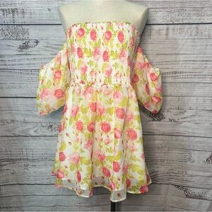 Betsey Johnson XL Ariana Mini Dress Babydoll Dress Pink Floral Smocked NEW